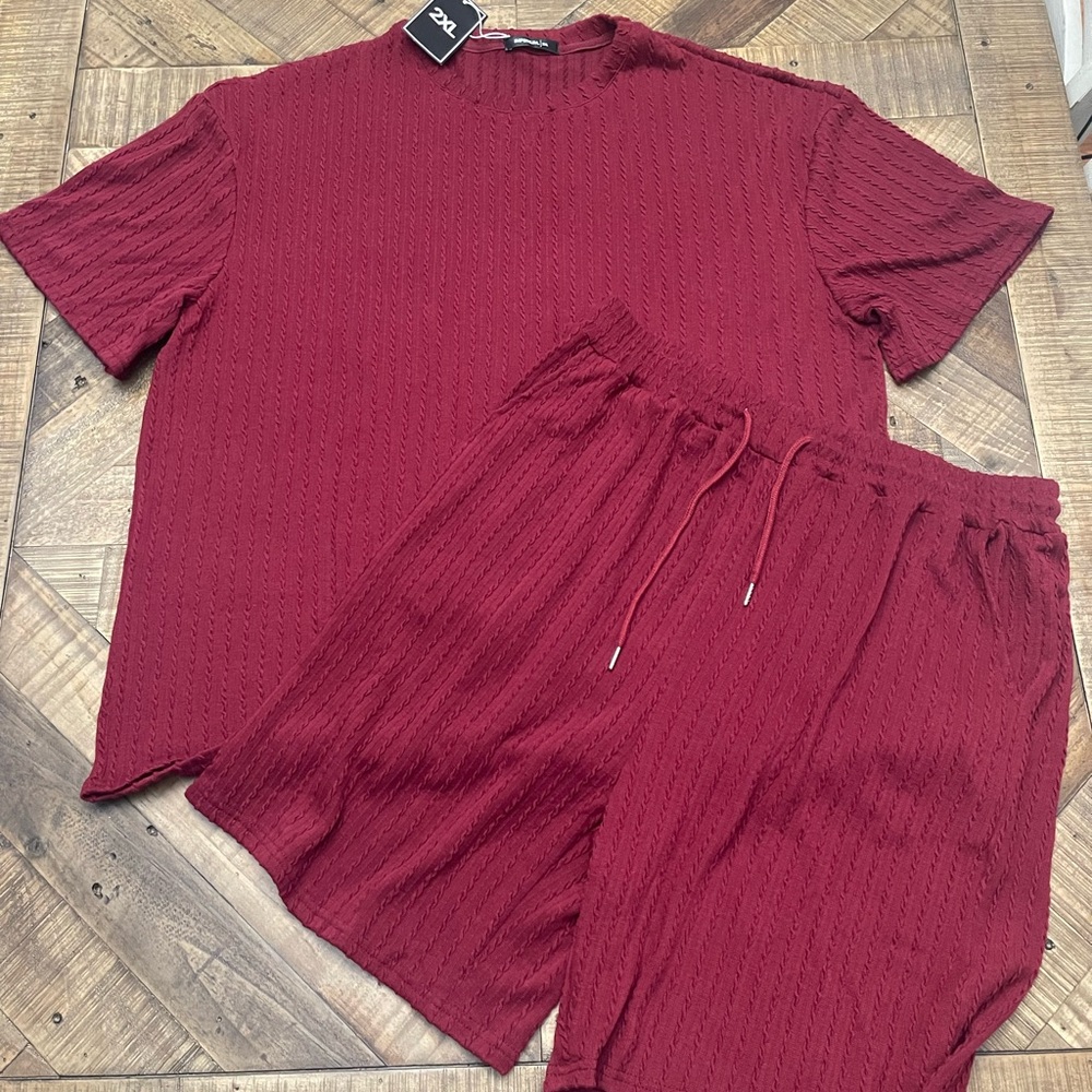 Men's Rich Red Textured Tee with Short Set